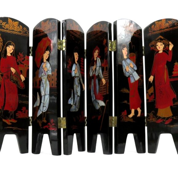 Geisha Mini FOLDING SCREEN Black Lacquer 6 Panel Asian Women Vintage - Picture 2 of 12